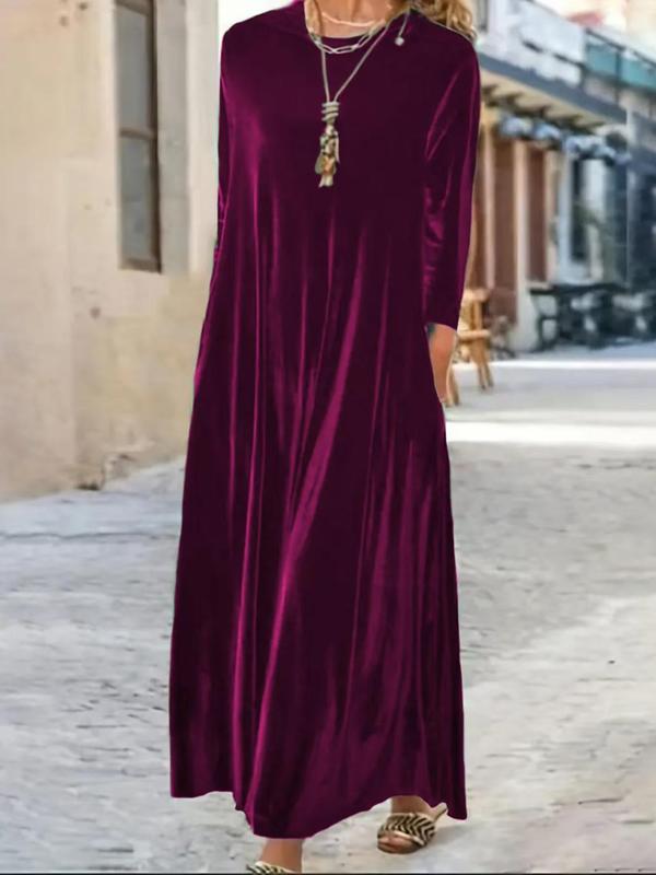  Solid Color Long Sleeve Velvet Dress, Trendy Casual Round Neck Long Dress for Party Holiday Wedding Guest, Women's Clothes for Fall & Winter