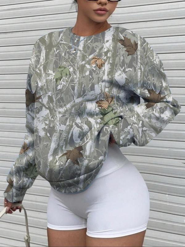 Women's Leaf Print Drop Shoulder Sweatshirt, Casual Long Sleeve Round Neck Pullover for Fall & Winter, Women's Clothes for Daily Wear