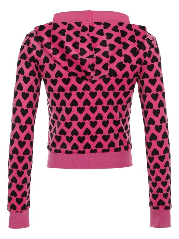 Women's Heart Print Zip Up Hoodie, Y2K Casual Long Sleeve Pocket Hooded Sweatshirt for Fall & Winter, Essential Hoodie, Women's Clothes for Daily Wear