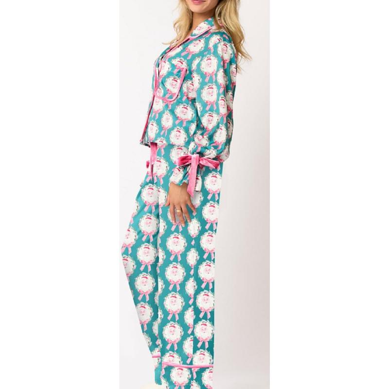 Women's Christmas Pajamas Bow Tie Long Sleeve Shirt Long Pants Printed Pajama Set Satin Silk Funny Pattern Two Piece Pajama Shirt Pajama Pant Set