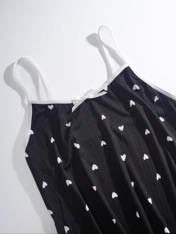 Women's Heart Print Lettuce Trim Cami Nightdress, Cute Bow Decor Backless Slip Nightgown, Ladies Sleepwear & Loungewear