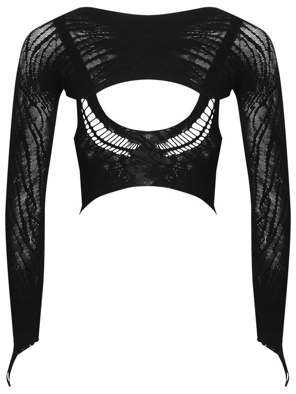 Women's 2pcs Sexy Asymmetrical Ripped Sheer Tank Top & Shrug Top Set, Solid Color Sleeveless Crop Top & Long Sleeve Outerwear, Ladies Sexy Lingerie Set For All Seasons