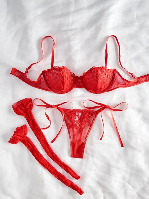 Women's Sexy Floral Embroidery Bra & Tie Side Panty & Pantyhose Set, Lady Sheer Comfort Lace Lingerie Set, Lady Lingerie & Underwear, Women Nightwear for Summer, Lingerie for Women, Matching Sets, Underwear for Women