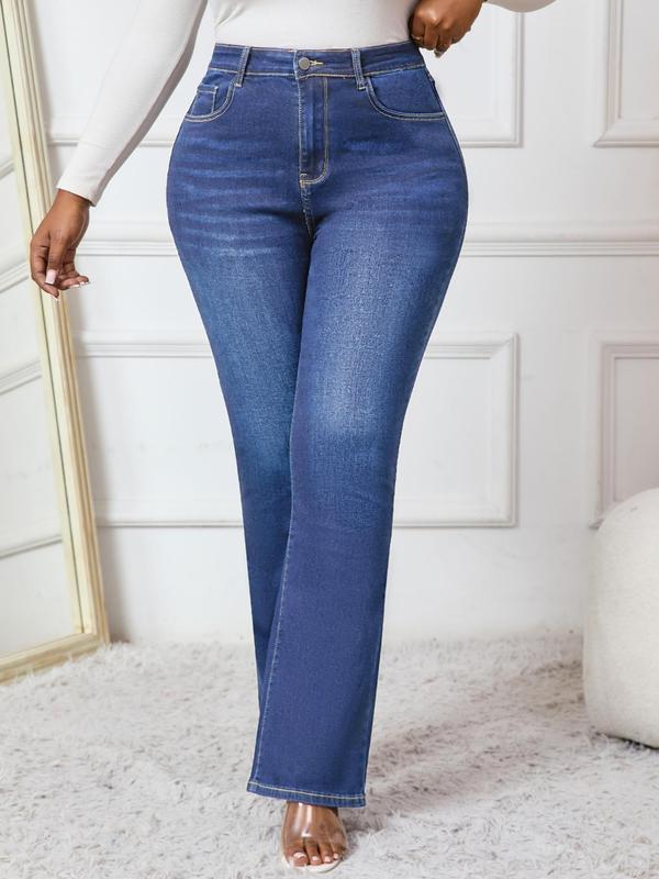  Solid Color Pocket Button Fly Denim Jeans, Casual Comfy Jeans for Daily Wear, Women's Bottoms for All Seasons