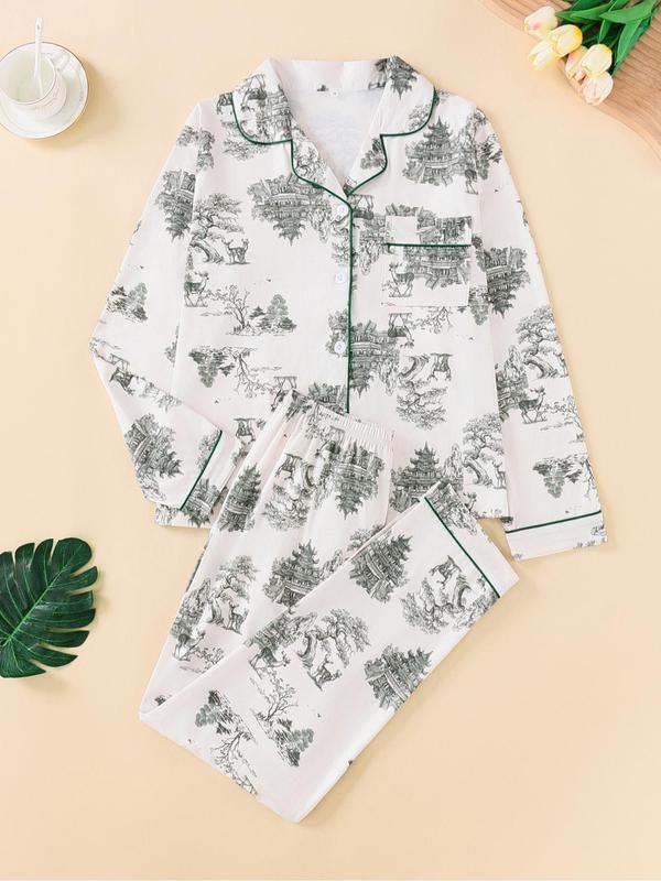 Two-piece Set Women's All Over Print Button Front Pocket Lapel Shirt & Elastic Waist Pants Pyjama, Casual Comfy Long Sleeve Top & Trousers Pj Set,  Pajama Sets Women, Women's Sleepwear for Spring & Fall