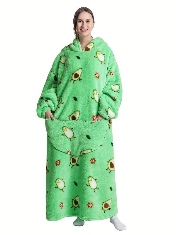 Plus Size Halloween Pumpkin & Cartoon Print Plush Hooded Nightwear Lounge Robe, Fluffy Pajamas, Casual Pocket Long Sleeve Loungewear, Halloween Pajamas, Christmas Pajamas, Plus Size Clothing, Lady Sleepwear for Fall & Winter