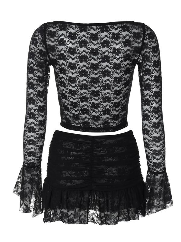 Women's Floral Lace Crop Top & Ruched Skirt Set, Flounce Sleeve Sweetheart Neck Top & Ruffle Hem Skirt Set, Ladies Spring & Fall Clothes for Holiday Vacation Downtown Girl Clothes
