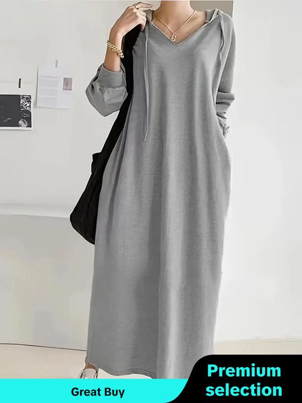  Solid Color Drawstring Drop Shoulder Hooded Dress, Casual Long Sleeve Pocket Dress for Fall & Winter, Women's Clothes for Daily Wear