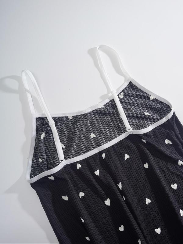 Women's Heart Print Lettuce Trim Cami Nightdress, Cute Bow Decor Backless Slip Nightgown, Ladies Sleepwear & Loungewear