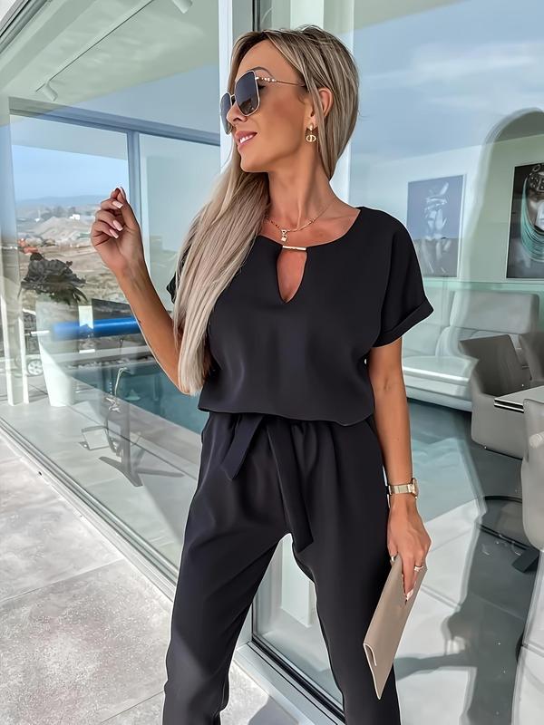 Women's Solid Belted Jumpsuit, Elegant Batwing Sleeve Pocket Jumpsuit for Summer, Fashion Women's Clothes for Daily Wear