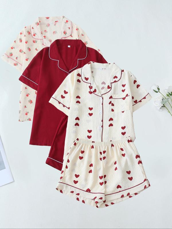 Women's Heart All Over Fruit Print Contrast Binding Pyjama Set, Short Sleeve Lapel Neck Button Up Top & Elastic Waist Shorts PJ Set, Casual Comfy Loungewear Set for Women