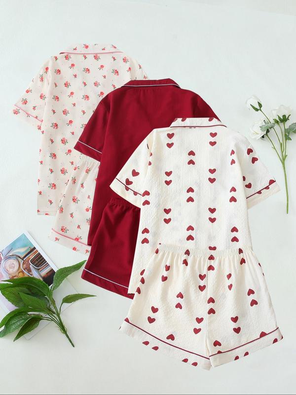 Women's Heart All Over Fruit Print Contrast Binding Pyjama Set, Short Sleeve Lapel Neck Button Up Top & Elastic Waist Shorts PJ Set, Casual Comfy Loungewear Set for Women