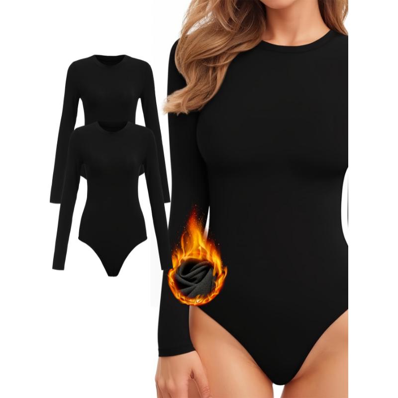 2pcs Women's Long-sleeved Bodysuit, Warm Soft And Comfortable Inner Round Neck Basic Bodysuit Bodysuit Combination Outfit For Fall & Winter