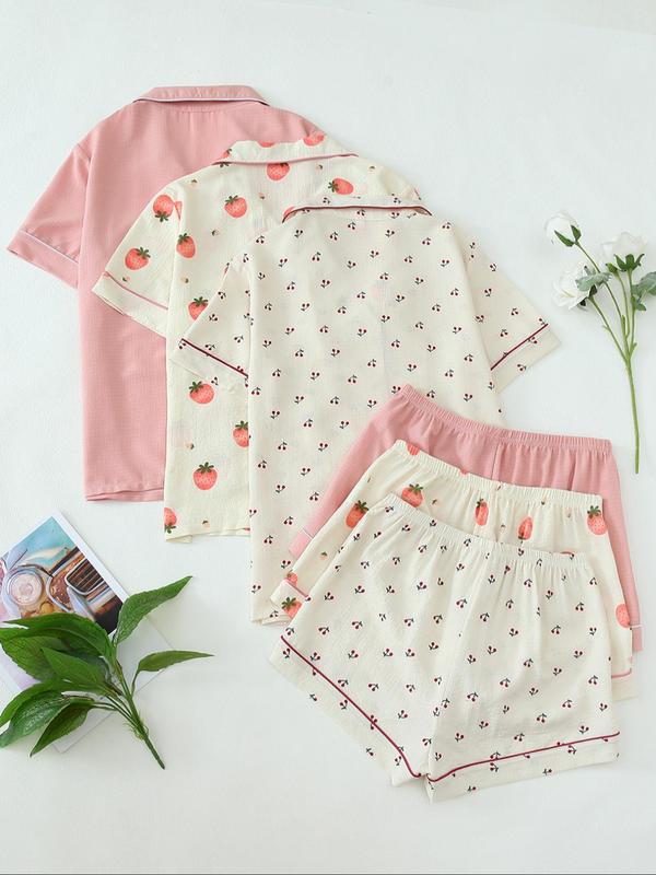 Women's Heart All Over Fruit Print Contrast Binding Pyjama Set, Short Sleeve Lapel Neck Button Up Top & Elastic Waist Shorts PJ Set, Casual Comfy Loungewear Set for Women