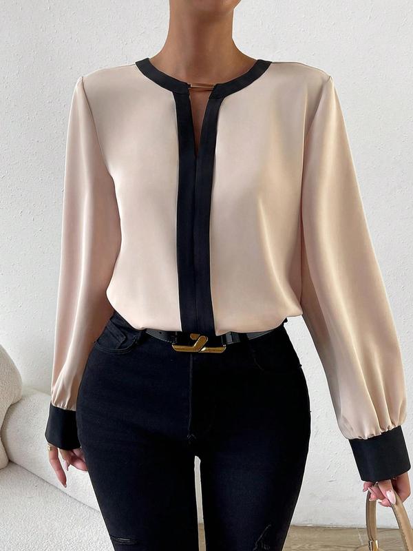 Women's Contrast Binding Cut Out Satin Blouse, Elegant Long Sleeve Keyhole Neck Top for Fall, Ladies Clothes for Work Office Business