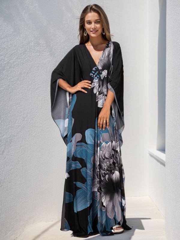 Plus Size All Over Print Batwing Sleeve Kaftan Dress, Boho V Neck Split Cover Up Dress for Beach Holiday, Muumuu Dress, Dresses for Women, Women's Clothes for Daily Wear
