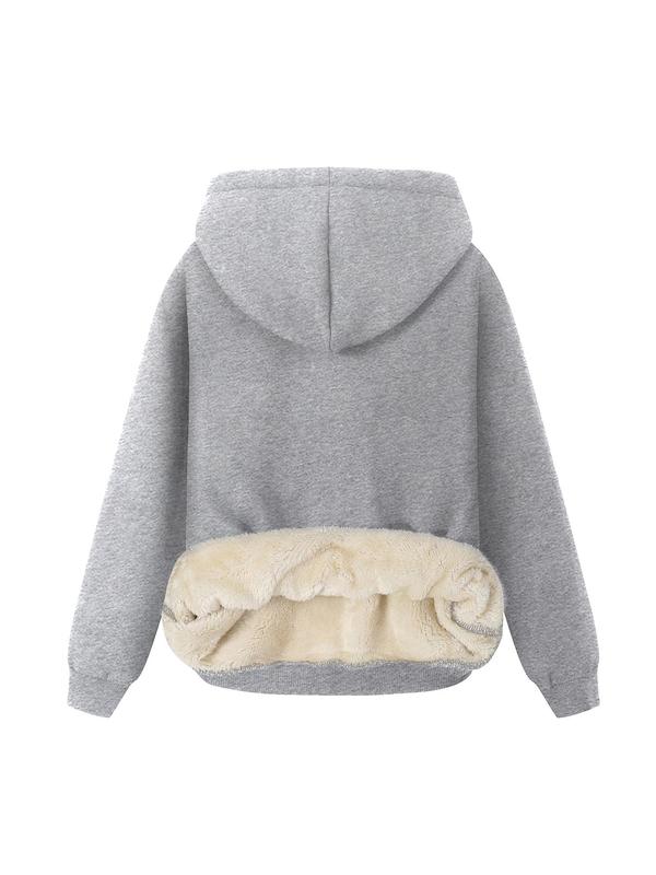 Women's Heart Print Plush Lined Hoodie, Casual Long Sleeve Hooded Sweatshirt for Fall & Winter, Ladies  Clothes for Daily Wear