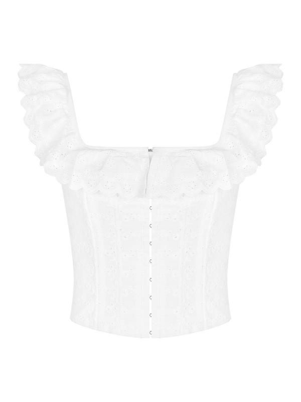 Women's Plain Eyelet Embroidery Ruffle Trim Lace Up Corset Structure Blouse, Sweet Fashion Backless Butterfly Sleeve Square Neck Top for Daily Outdoor Wear, Ladies Clothes for Summer