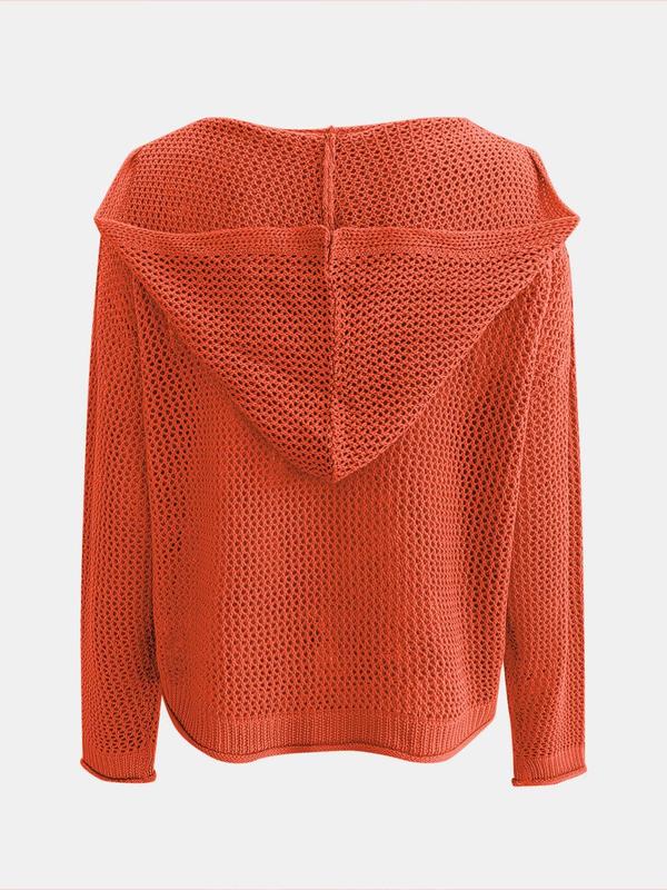 Women's Solid Hollow Out Sheer Hooded Sweater, Casual Drop Shoulder Long Sleeve Jumper for Summer, Fashion Ladies' Knitwear for Daily Wear