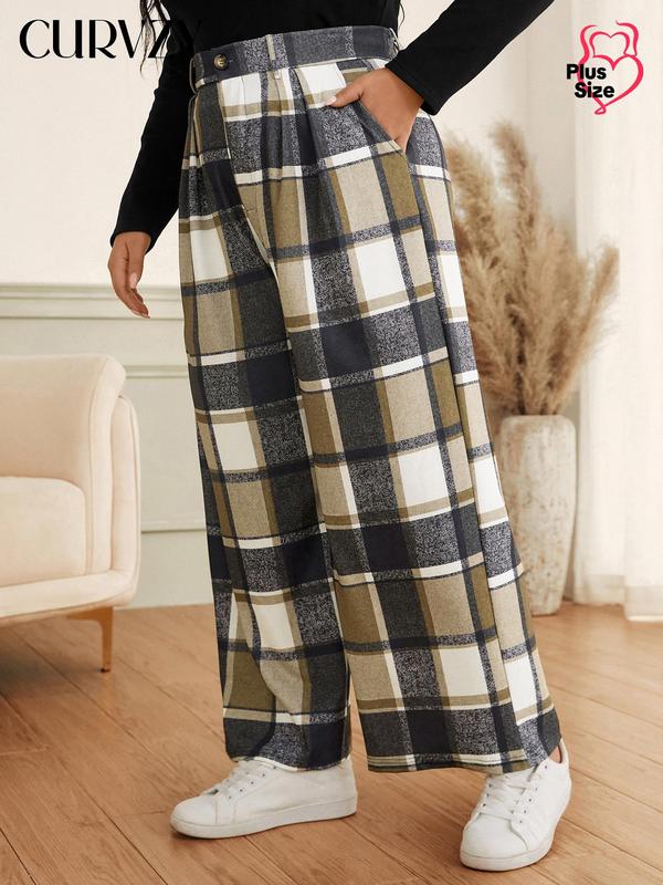 CURVZY Plus Size Plaid Print Button Pocket Wide Leg Pants, Casual Comfy Trousers for Daily Wear, Women's Bottoms for All Seasons
