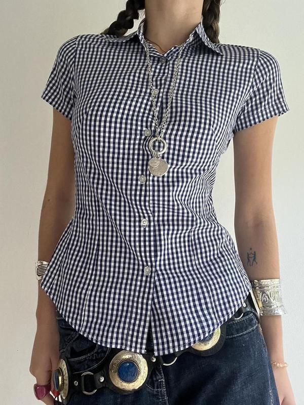 Women's Gingham Print Curved Hem Crop Shirt, Casual Short Sleeve Collared Top for Summer, Women's Clothing for Daily Wear