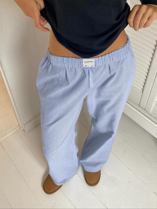 Women's Striped Patched Pocket Elastic Waist Wide Leg Pants, Casual Comfy Trousers for Fall & Winter, Women's Bottoms for Daily Wear Preppy 80S Clothes