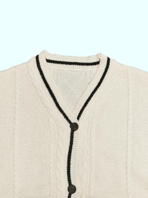 Women's Star & Letter Embroidery Textured Button Front Cable Knit Cardigan, Casual Drop Shoulder Long Sleeve V Neck Cardigan, Women's Knitwear for Fall & Winter