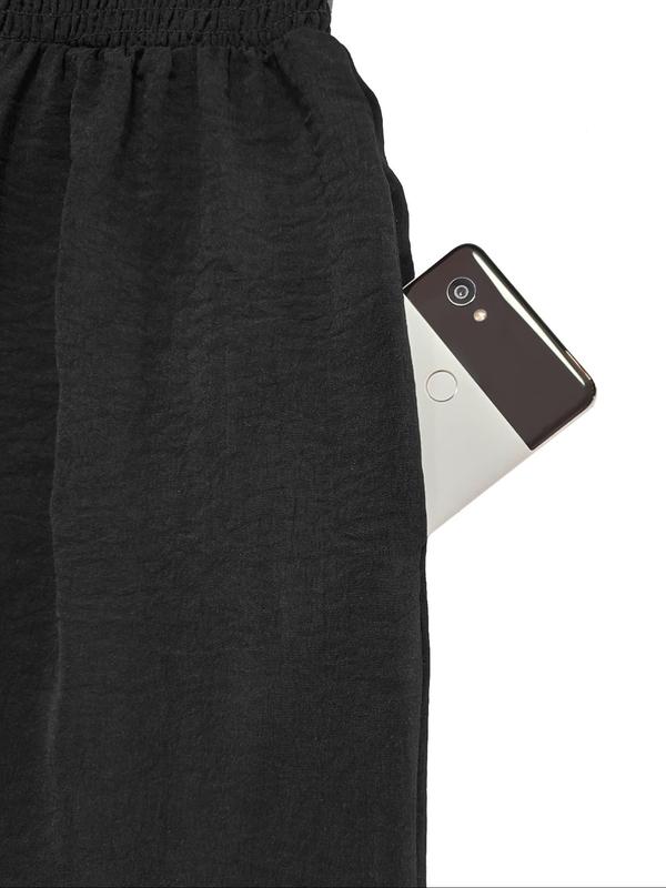 Women's Solid Shirred Pocket Wide Leg Jumpsuit, Casual Long Sleeve Square Neck Jumpsuit for Spring, Fashion Women's Jumpsuit for Daily Wear