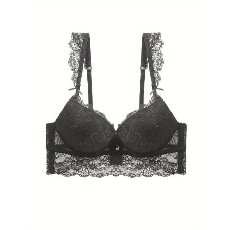 Full Coverage Scallop Trim Elegant Solid Floral Lace Bra & Panty Lingerie Set, Women's Lingerie & Underwear Push Up